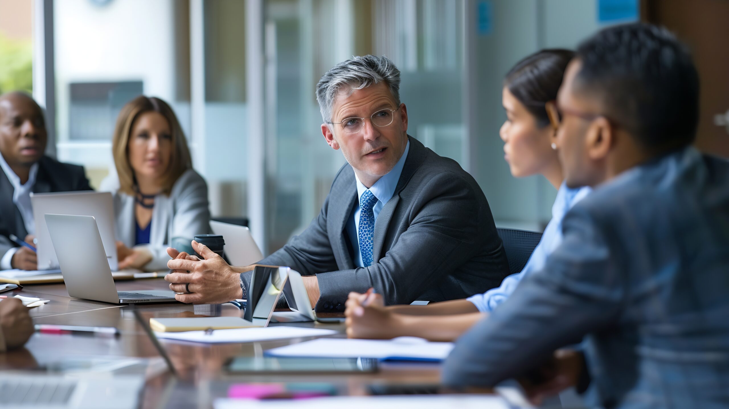 A business leader stands with his back to the camera, looking through a glass wall toward a team meeting in progress. A visual metaphor for the gap between leadership intent and organizational reality.