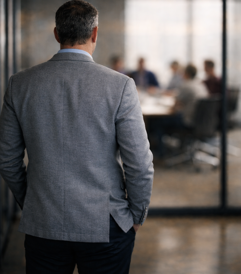 Leader looking through glass wall toward team meeting A business leader stands with his back to the camera, looking through a glass wall toward a team meeting in progress. A visual metaphor for the gap between leadership intent and organizational reality.